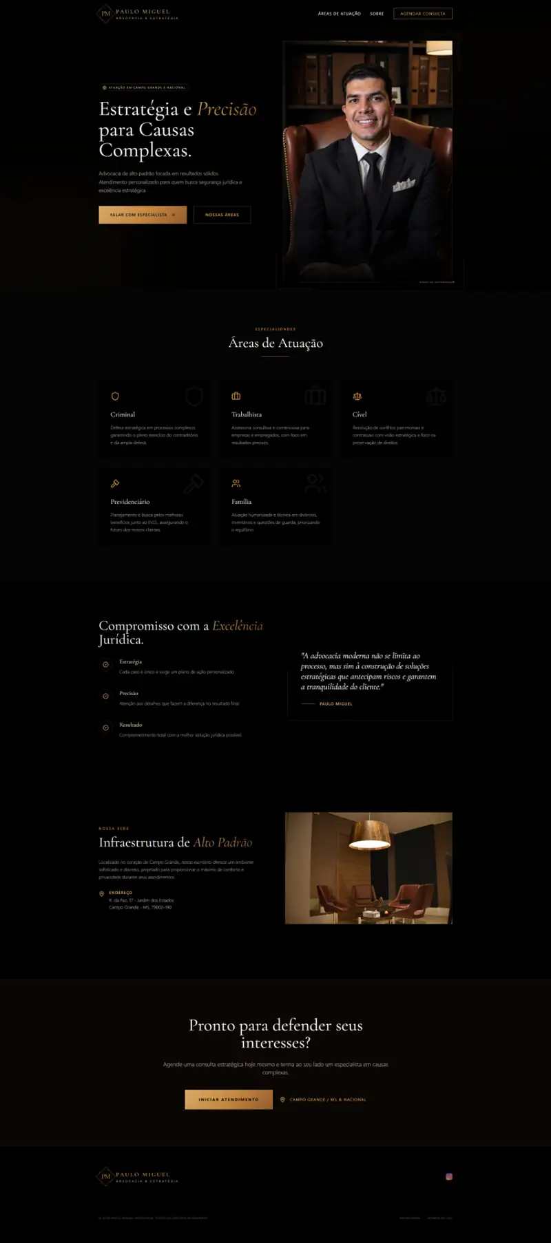 Site institucional do advogado Paulo Miguel, em preto e dourado