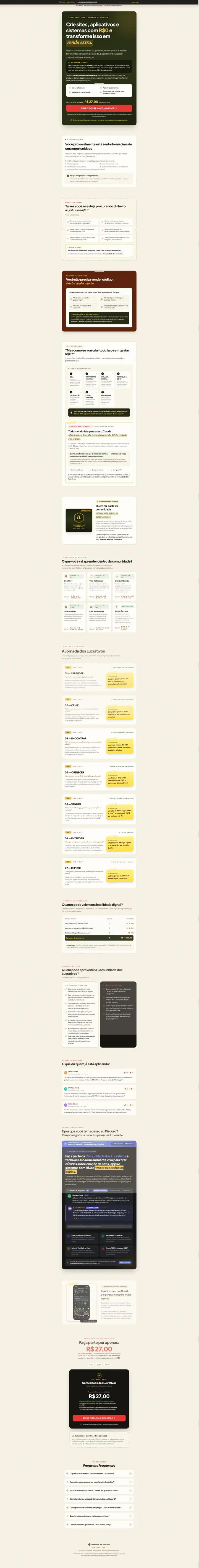 Landing page da Comunidade dos Lucrativos, em tons de creme e verde-escuro