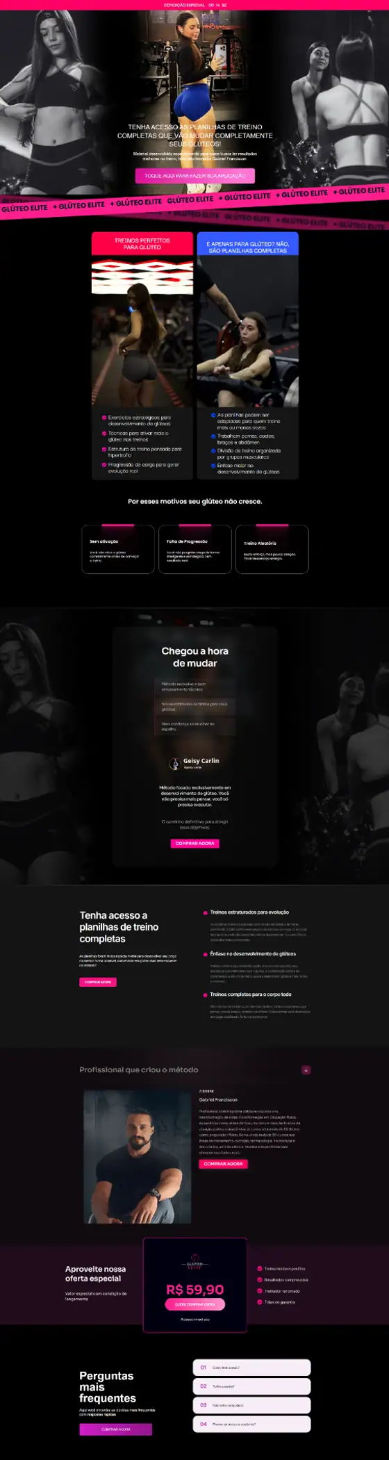 Landing page Glúteo Elite, com fundo escuro e detalhes em rosa