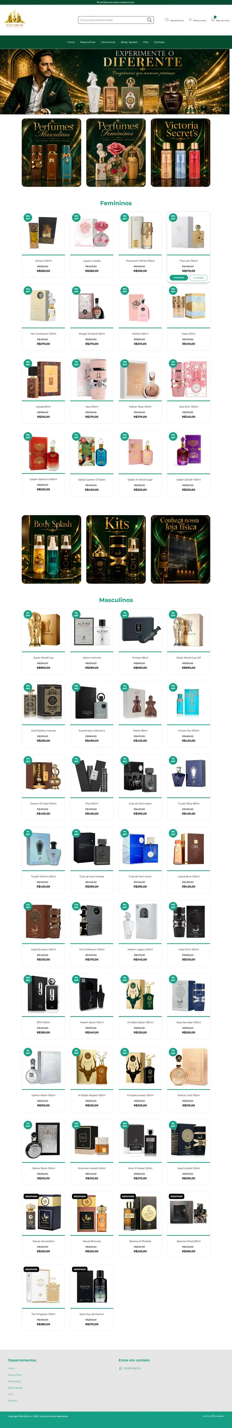 Loja virtual Elite Parfum, com banner dourado e vitrine de perfumes