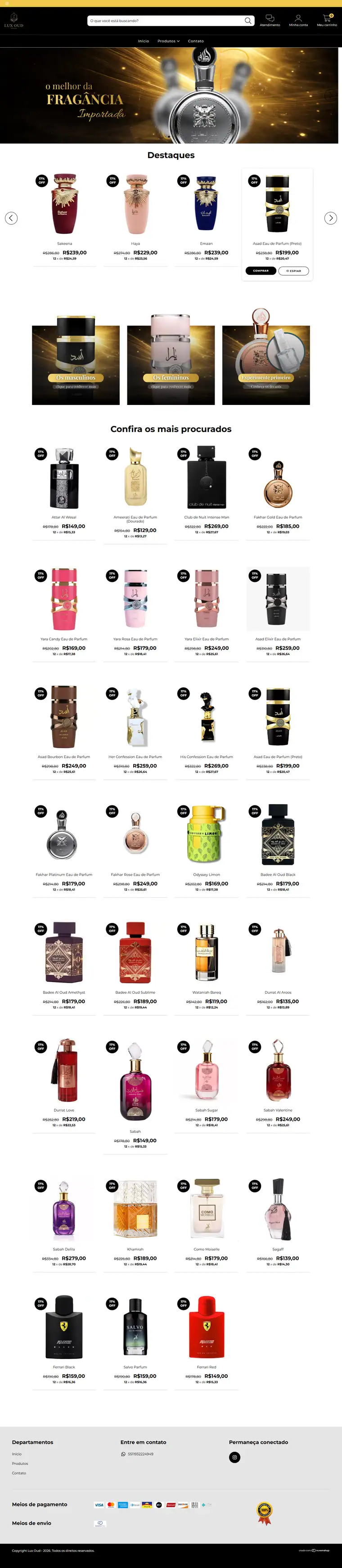 Loja virtual Lux Oud, com banner preto e dourado e vitrine de perfumes