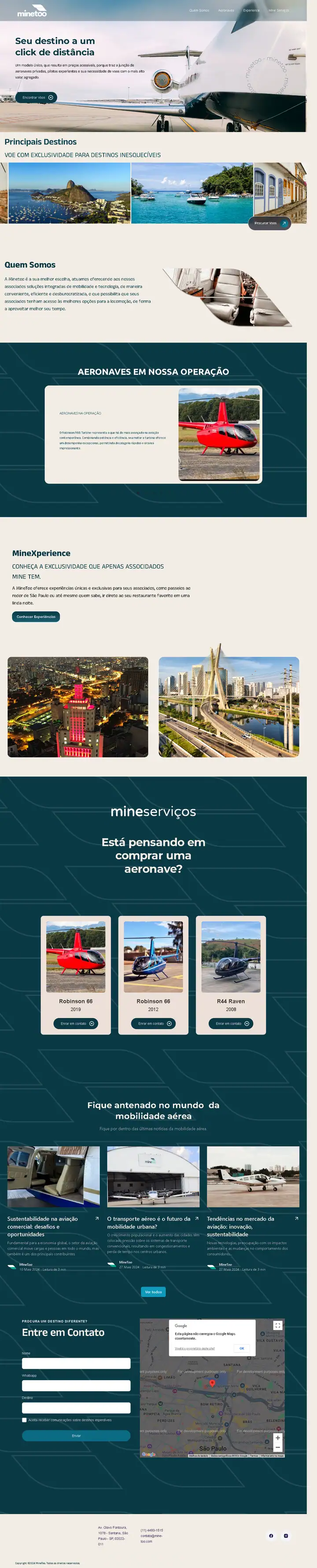 Site da MineToo, com avião, destinos e aeronaves